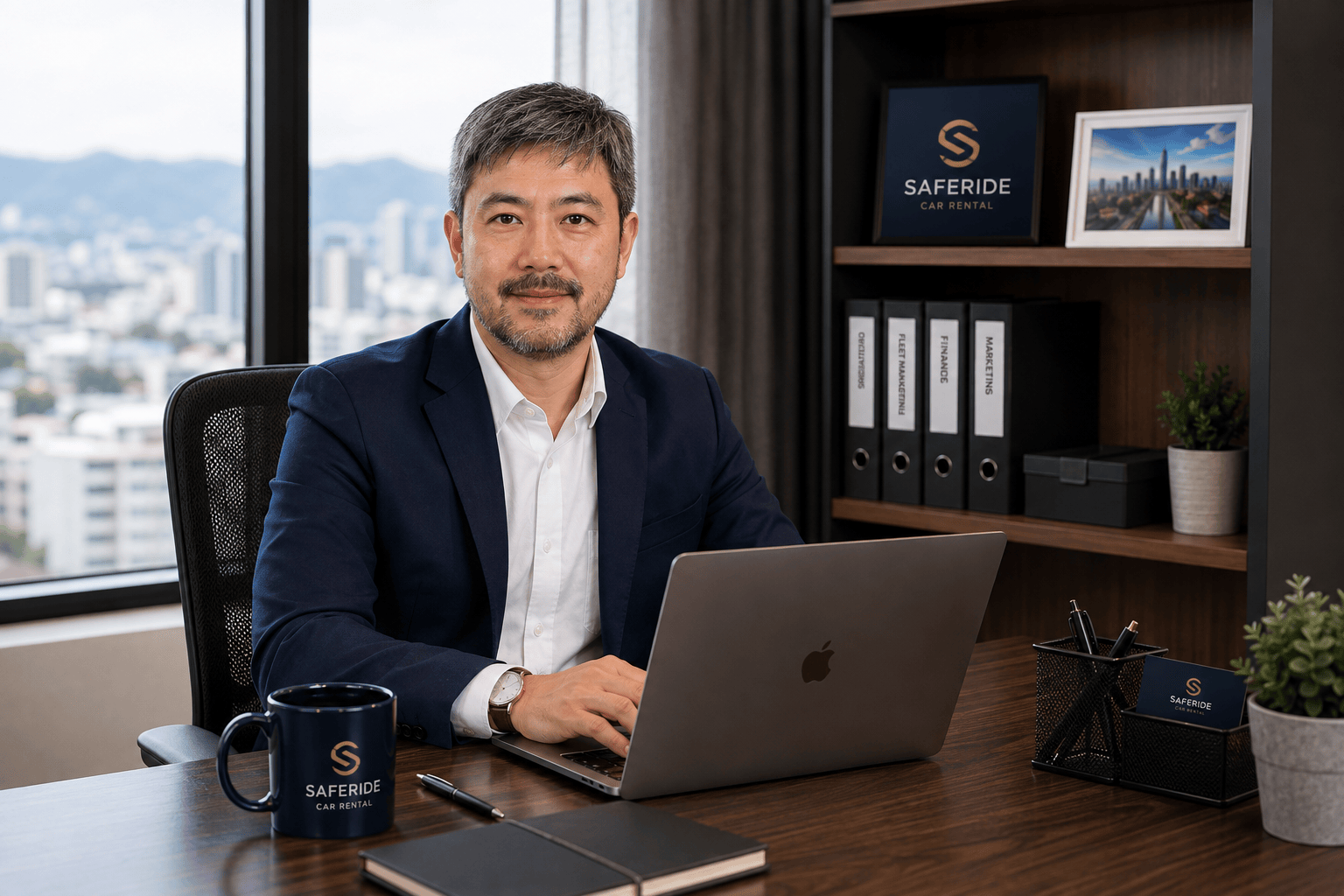 Alfred Go working on his laptop at his Saferide office desk, with Saferide-branded binders and a mug on the shelf behind him