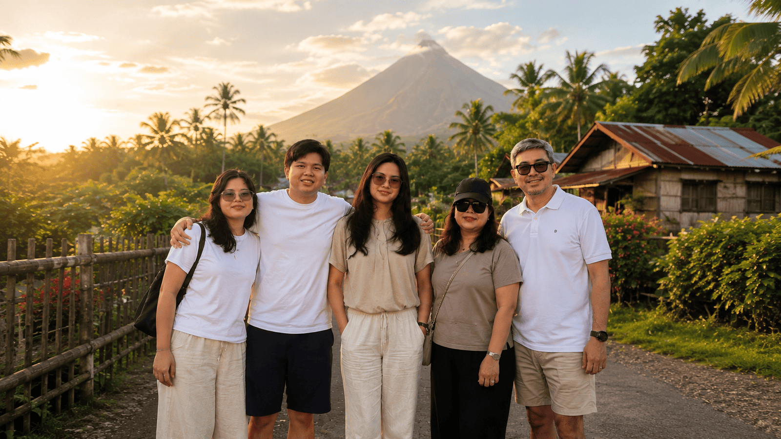 Alfred Go with his wife Sheena and their children on a family trip, with a volcano and palm trees in the background