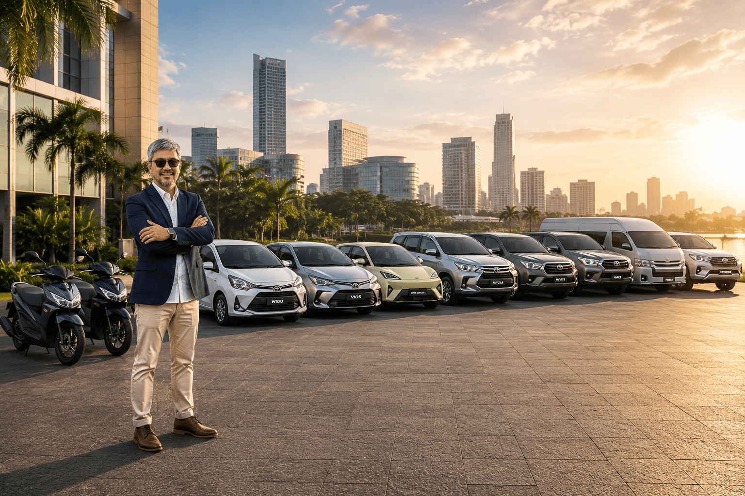 Alfred Go standing arms-crossed in front of the Saferide fleet of cars, vans, and motorbikes